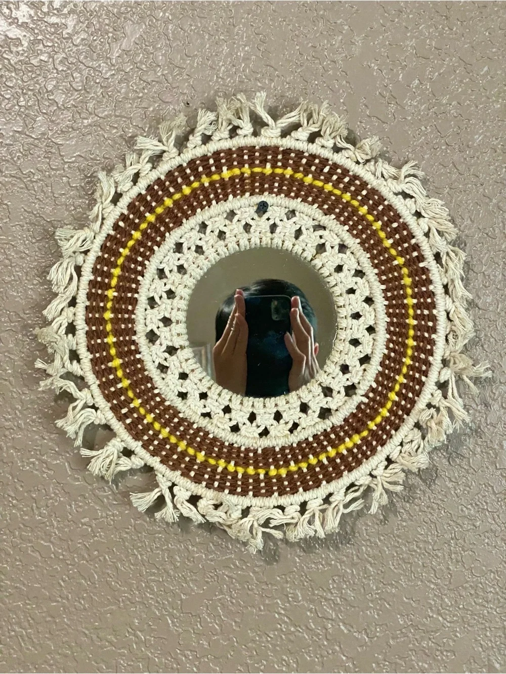 Handmade Macramé Round Wall Mirror in Cream, Brown & Yellow